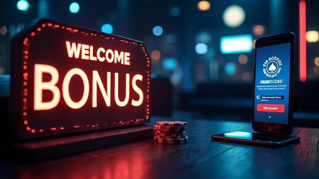 Sala de casino oscura con banner de bono y código promocional en pantalla