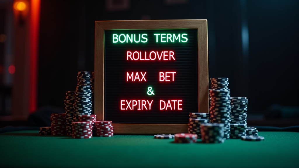 Panel de condiciones del bonus con rollover, límites y vigencia